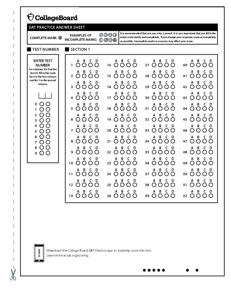 Sat practice answer sheet